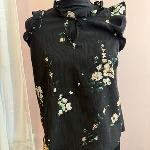 LC Lauren Conrad Black Floral Ruffle Neck Sleeveless Top